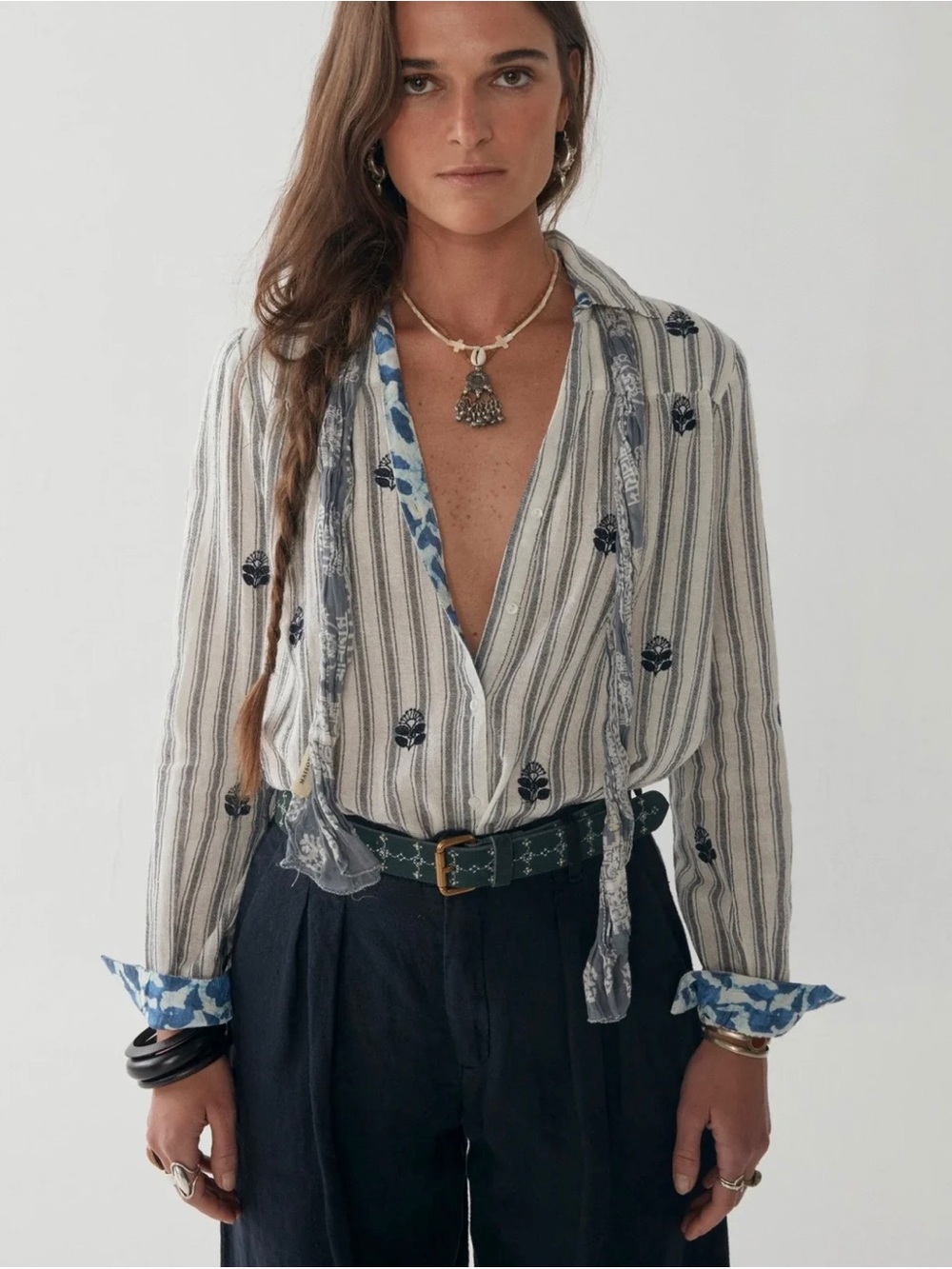 Maison Hotel Bob Blouse White Stripe Embroidered Boho Shirt Size M
